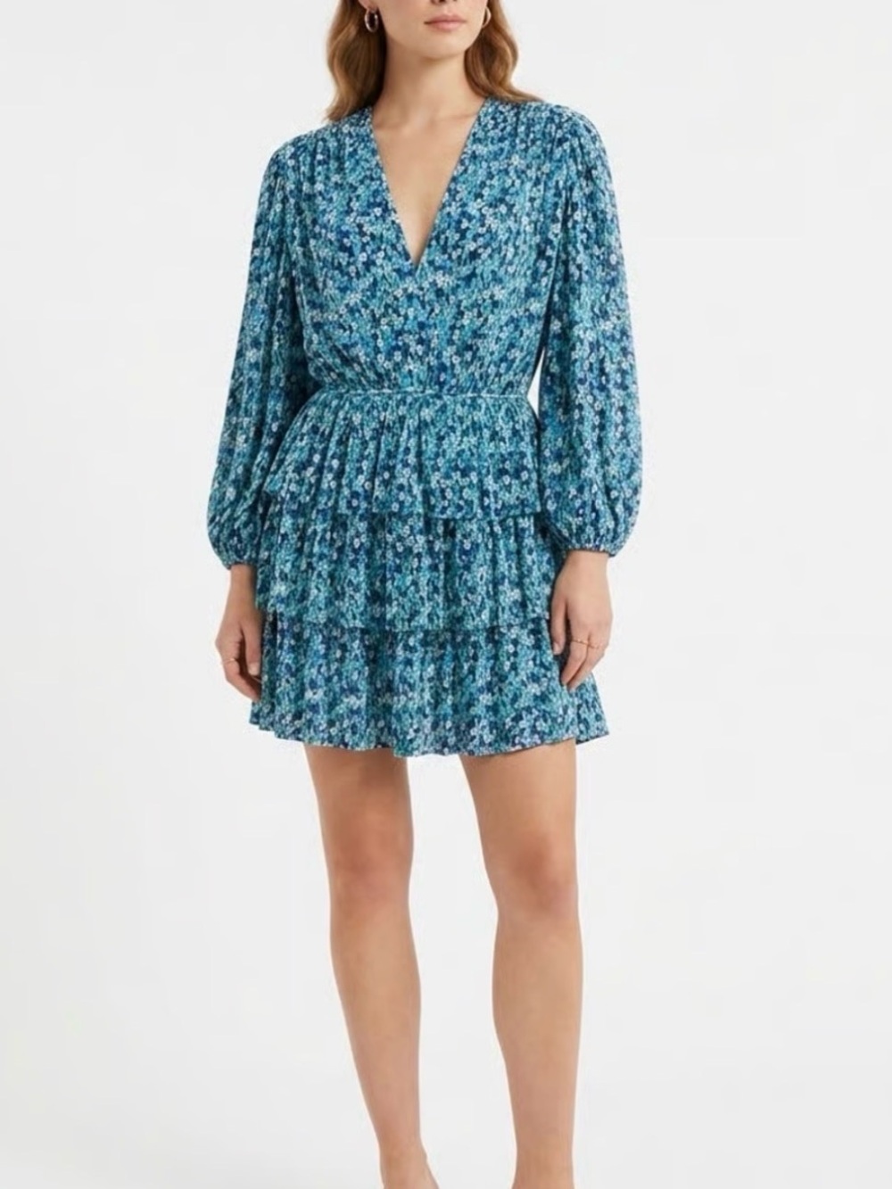 Sabina Musayev Suzanne Tiered Mini Dress Blue Floral Pleated Size M; Like New